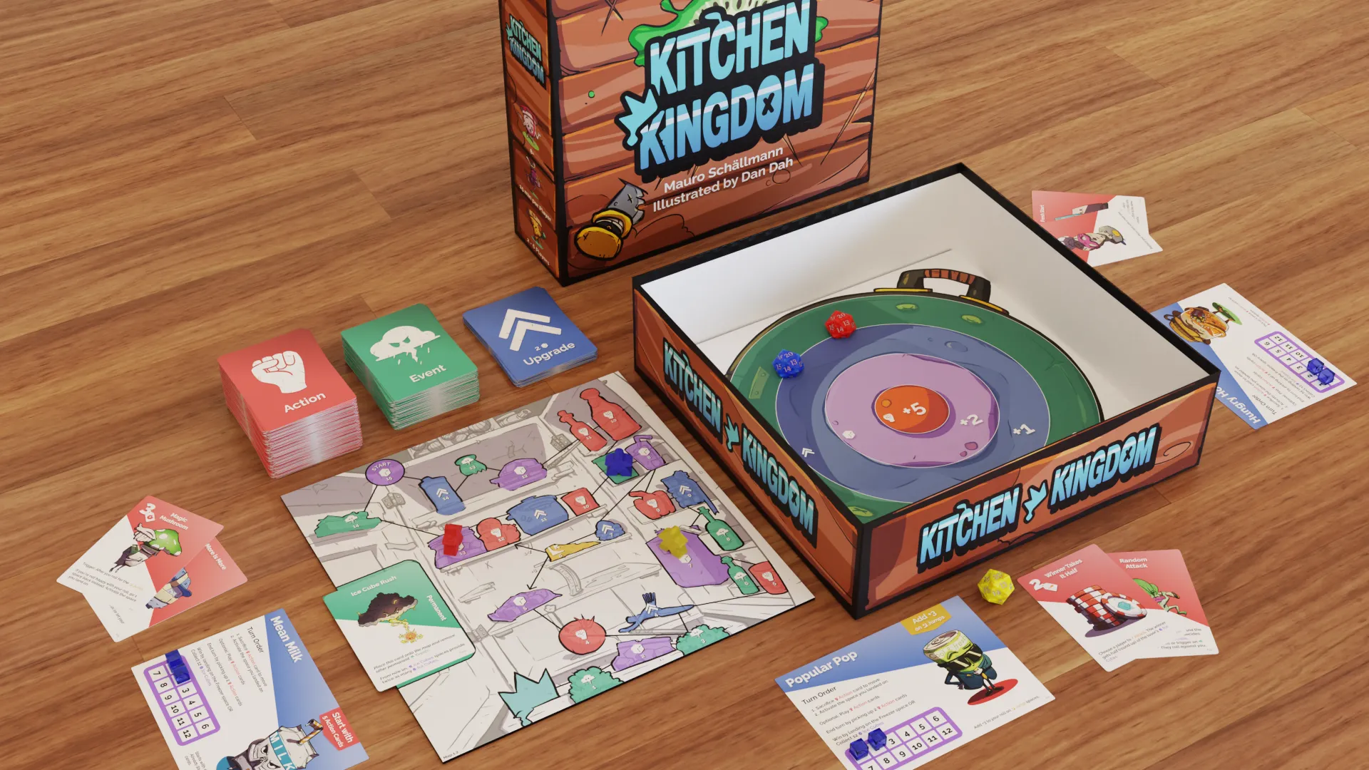 A 3D render of the Kitchen Kingdom game board with all components laid out on a table